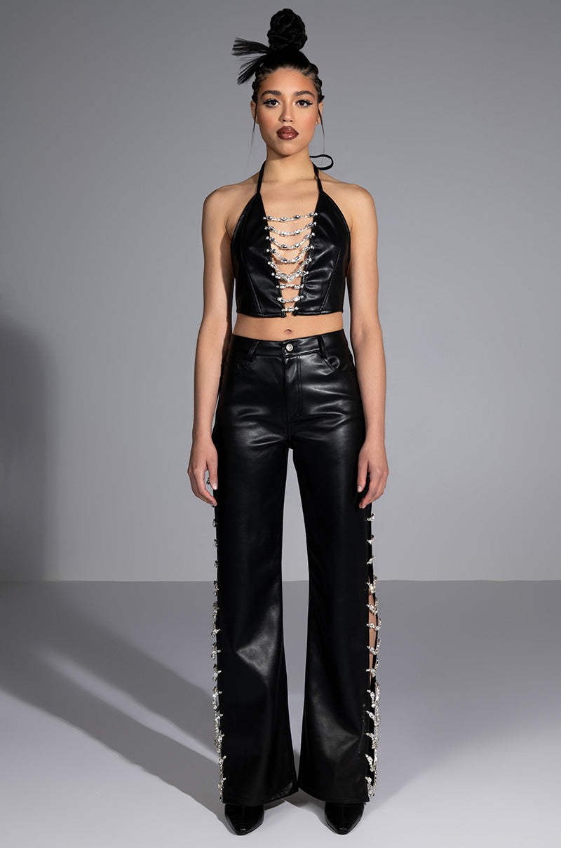 Back View Covered In Ice Faux Leather Rhinestone Pant