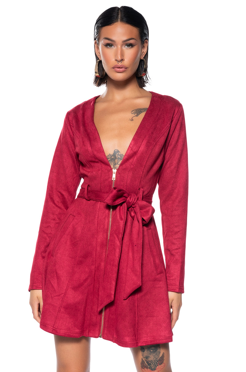 Front View Covet Faux Suede Trench Mini Dress In Red 0