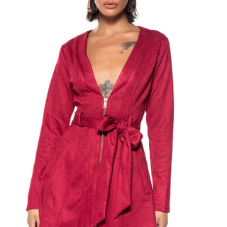 Front View Covet Faux Suede Trench Mini Dress In Red