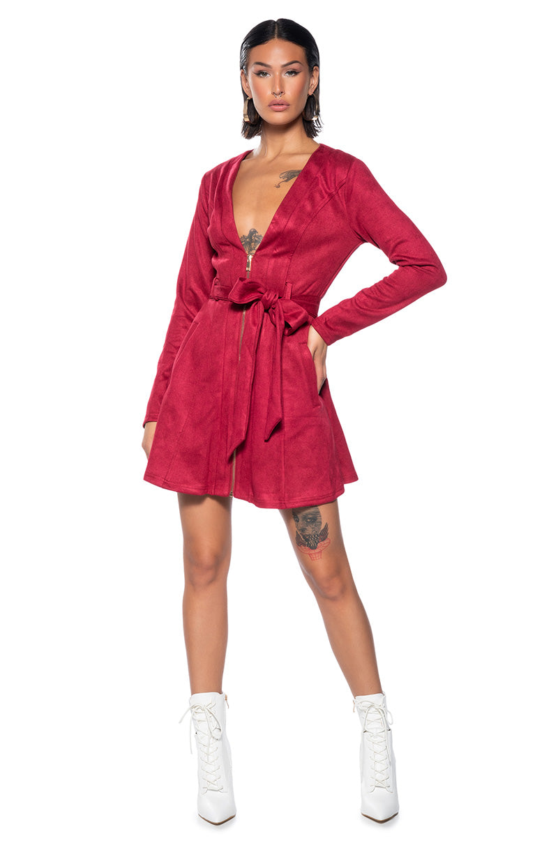 Side View Covet Faux Suede Trench Mini Dress In Red 1