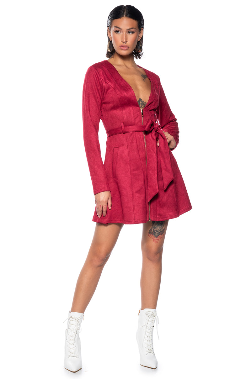 Back View Covet Faux Suede Trench Mini Dress In Red 2