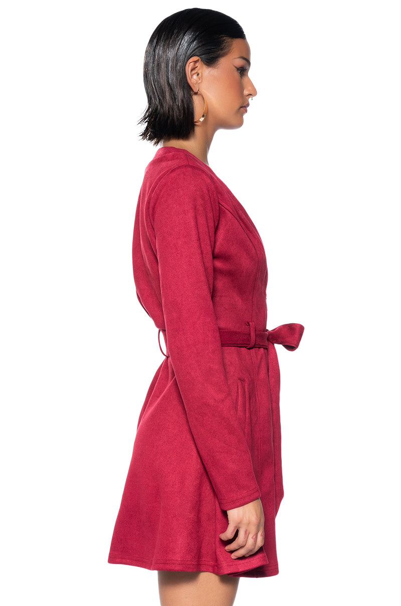 Detail View Covet Faux Suede Trench Mini Dress In Red 3