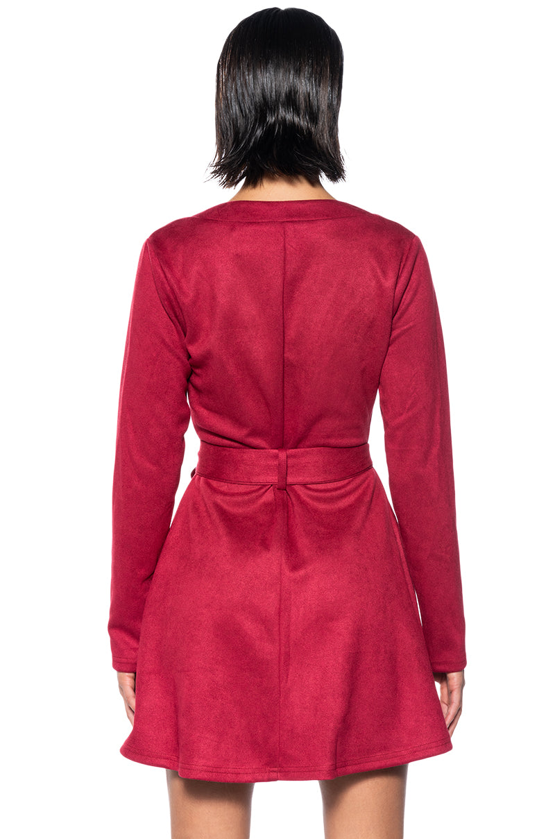 COVET FAUX SUEDE TRENCH MINI DRESS IN RED AKIRA COVET FAUX SUEDE TRENCH MINI DRESS IN RED AKIRA