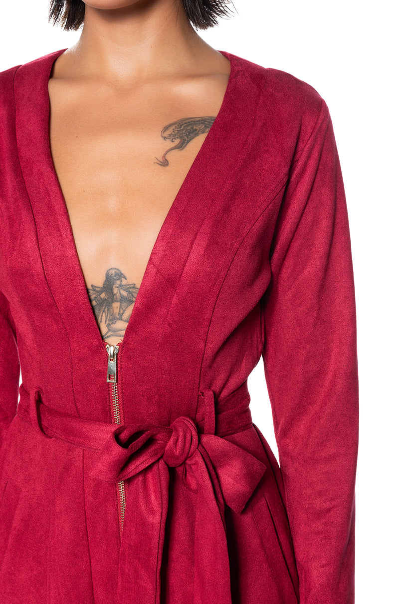Extra View Covet Faux Suede Trench Mini Dress In Red 5