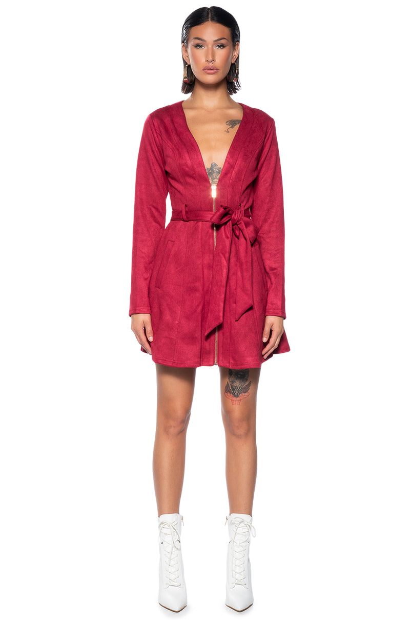 COVET FAUX SUEDE TRENCH MINI DRESS IN RED – AKIRA