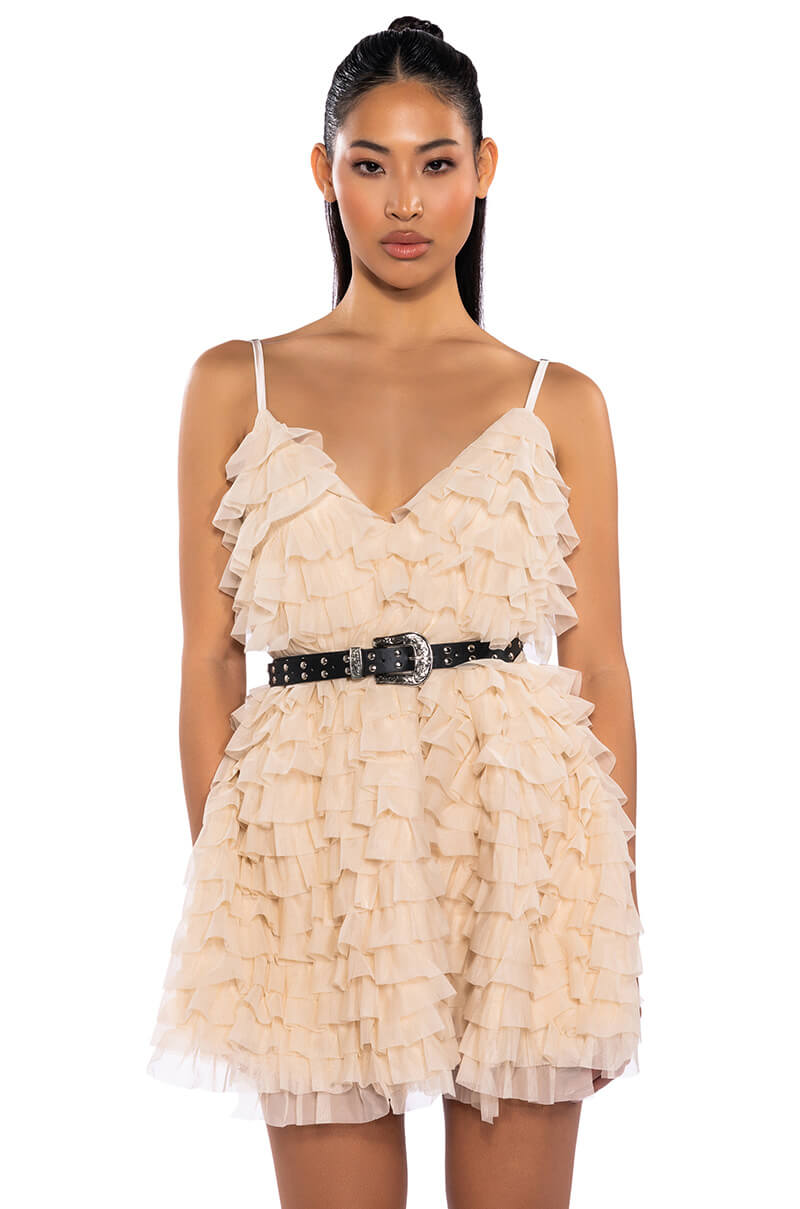 CRAZY FOR YOU BELTED TIERED TULLE MINI DRESS AKIRA CRAZY FOR YOU BELTED TIERED TULLE MINI DRESS AKIRA