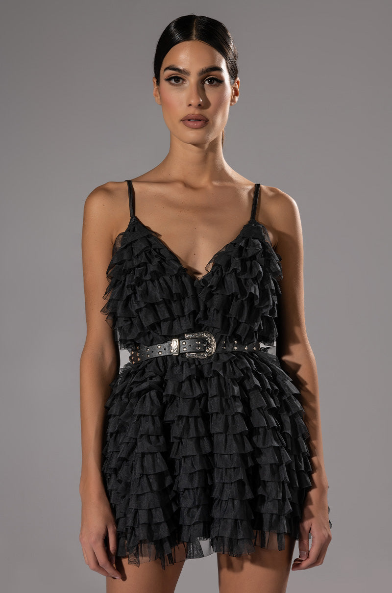 Front View Crazy For You Belted Tiered Tulle Mini Dress