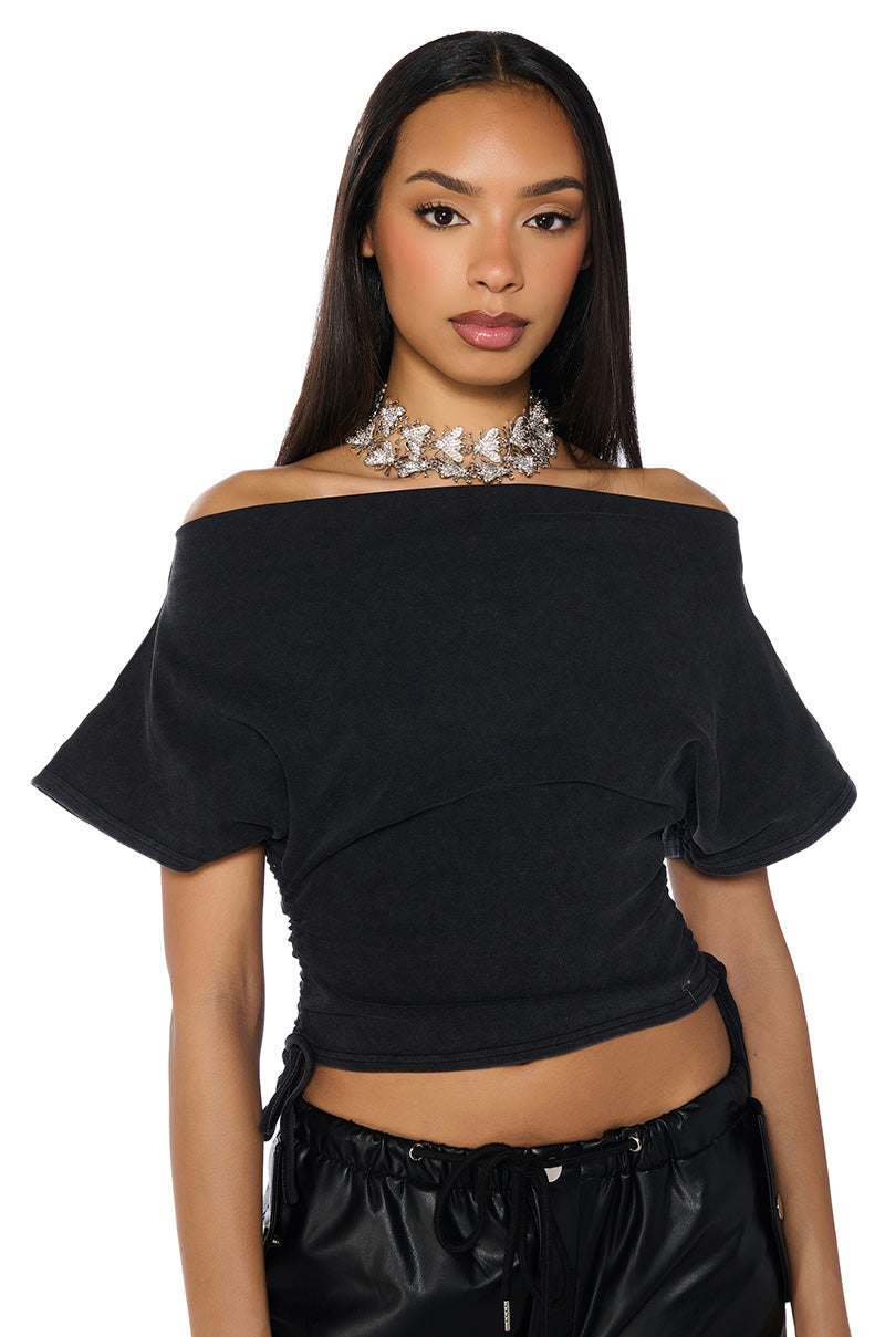 Front View Crazy In Love Short Sleeve Off The Shoulder Tshirt In Dark Grey