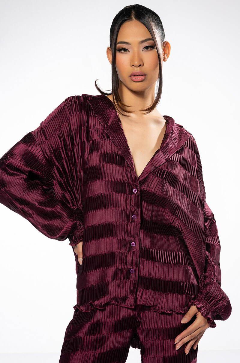 Front View Crinkle Satin Long Sleeve Button Down Blouse