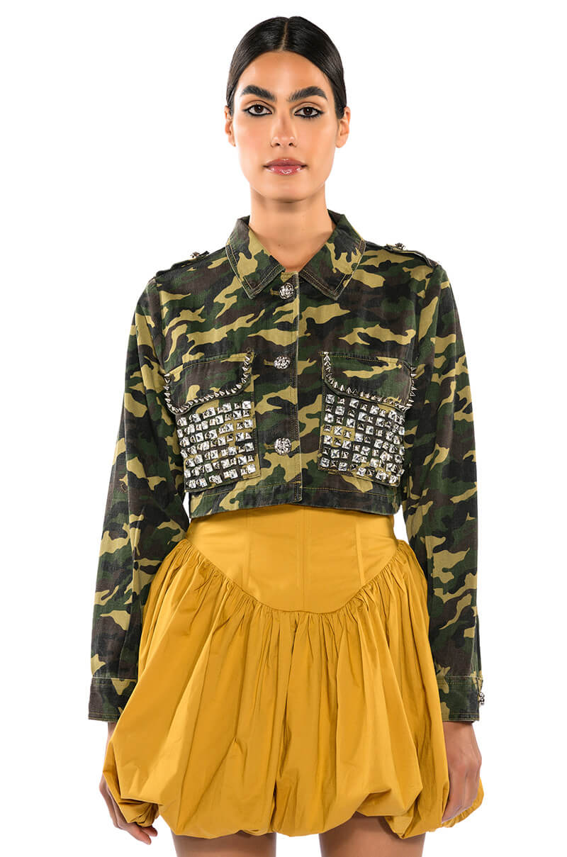 Front View Crop Camo Jacket With Studs