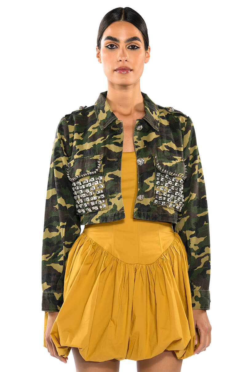 Detail View Crop Camo Jacket With Studs