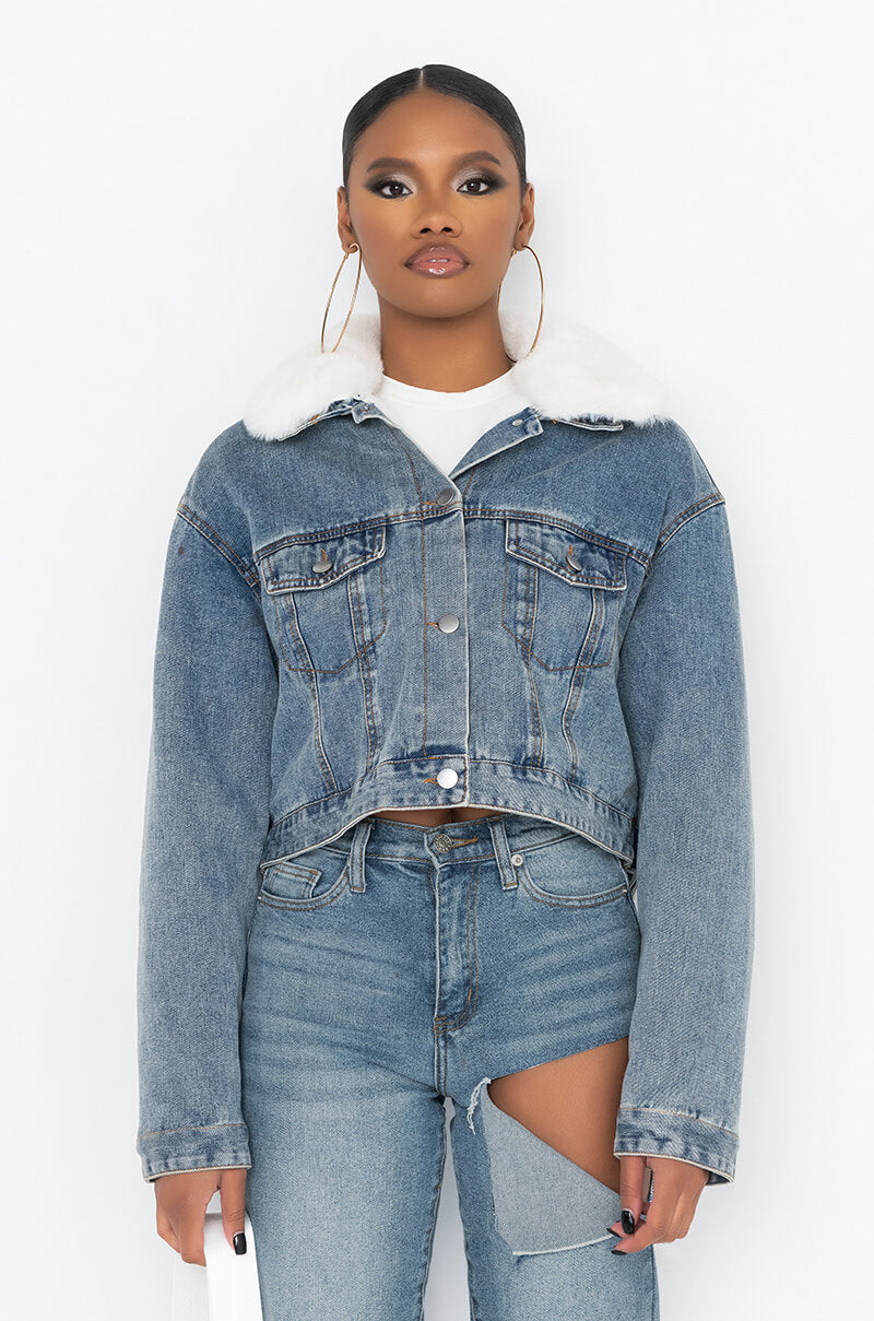 Side View Crop Denim Jacket With Plush Collar