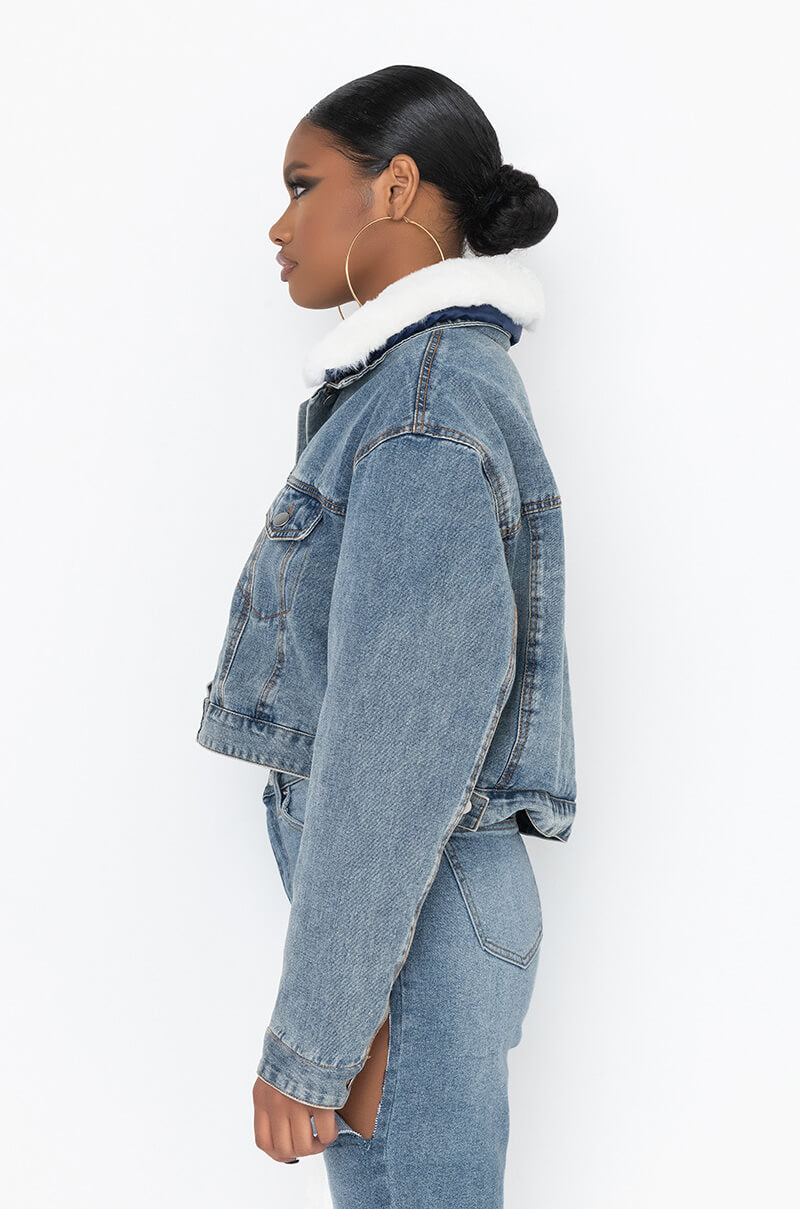 Back View Crop Denim Jacket With Plush Collar