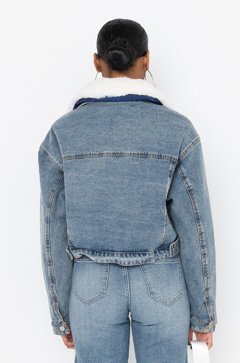 Detail View Crop Denim Jacket With Plush Collar