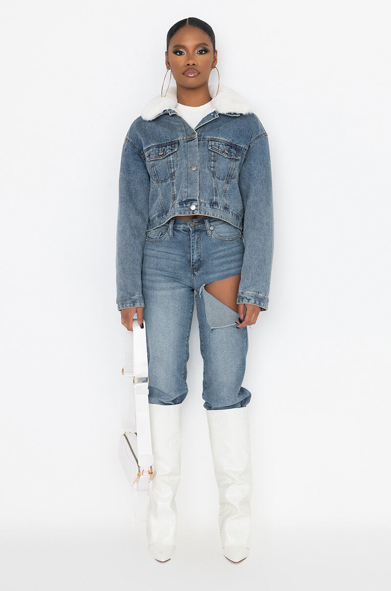 Extra View Crop Denim Jacket With Plush Collar