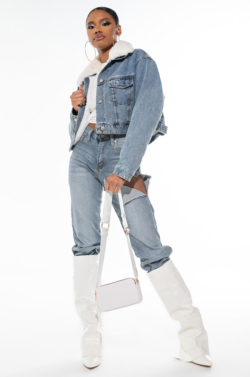Extra View Crop Denim Jacket With Plush Collar