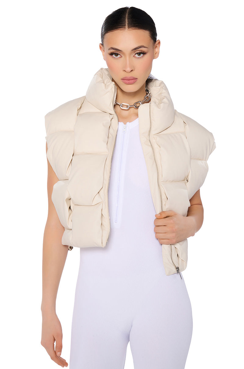 Front View Crop Pu Weave Puffer Vest In Beige
