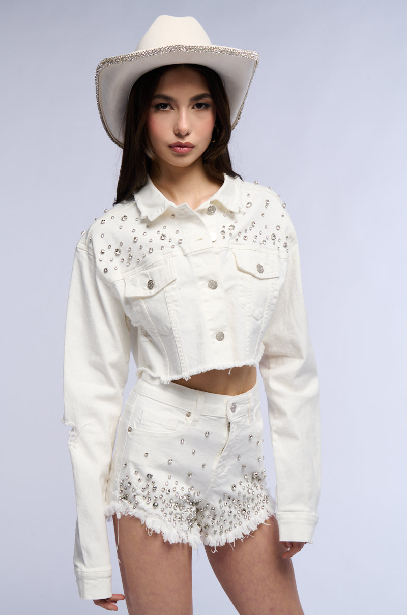 Side View Cropped White Denim Embellished Jacket