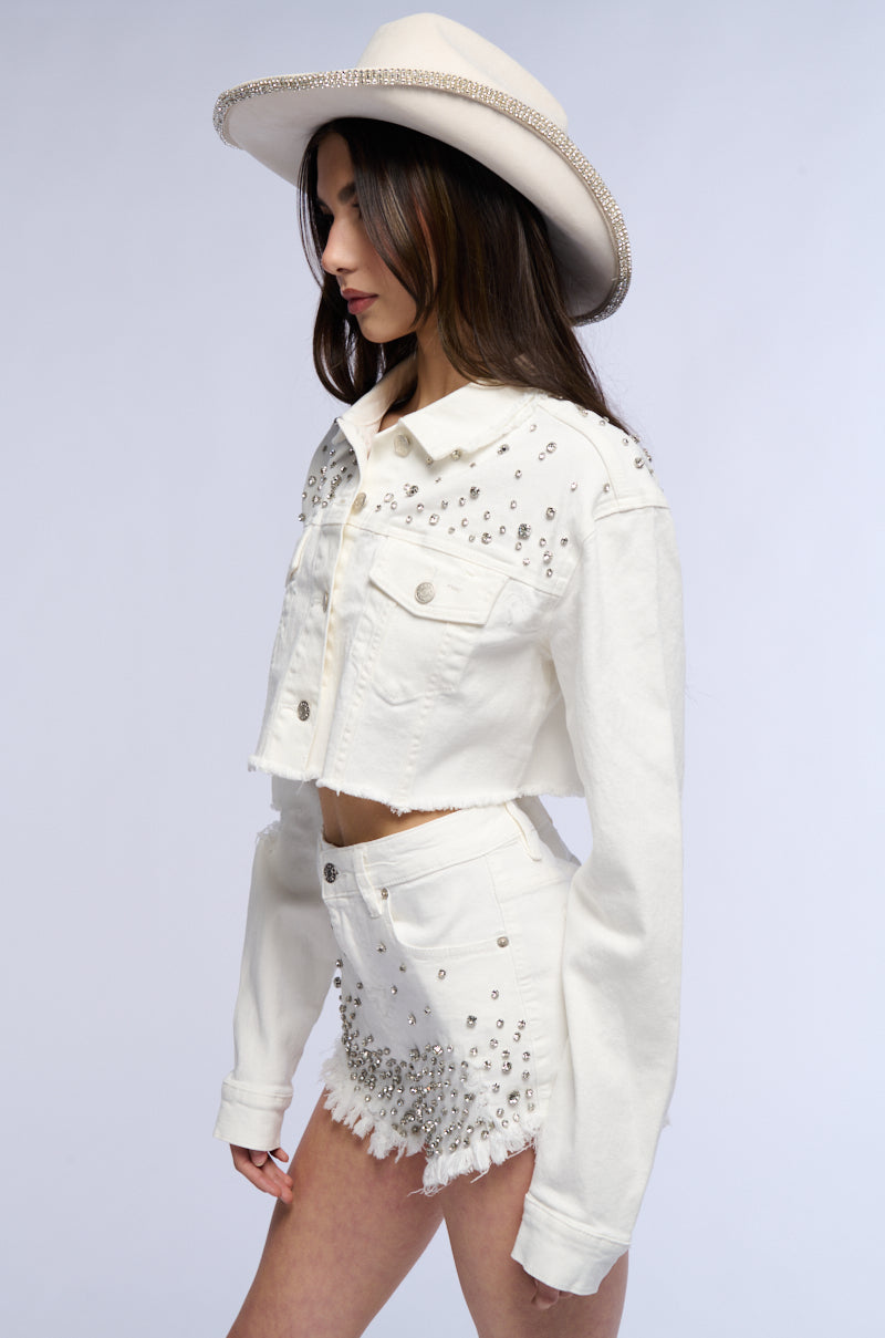 Back View Cropped White Denim Embellished Jacket