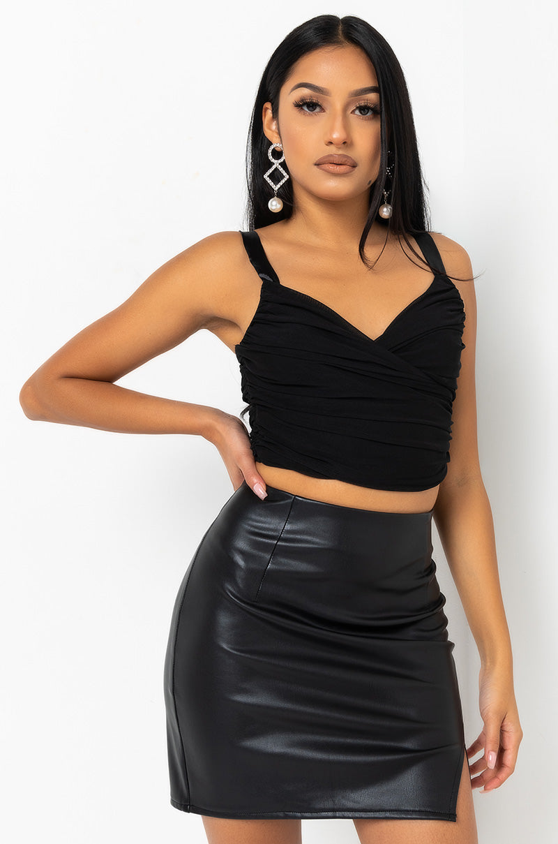 Front View Cross It Up Double Mesh Top in Black