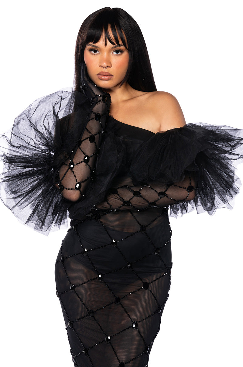 Front View Cross Me Mesh Beaded Evening Gloves 0