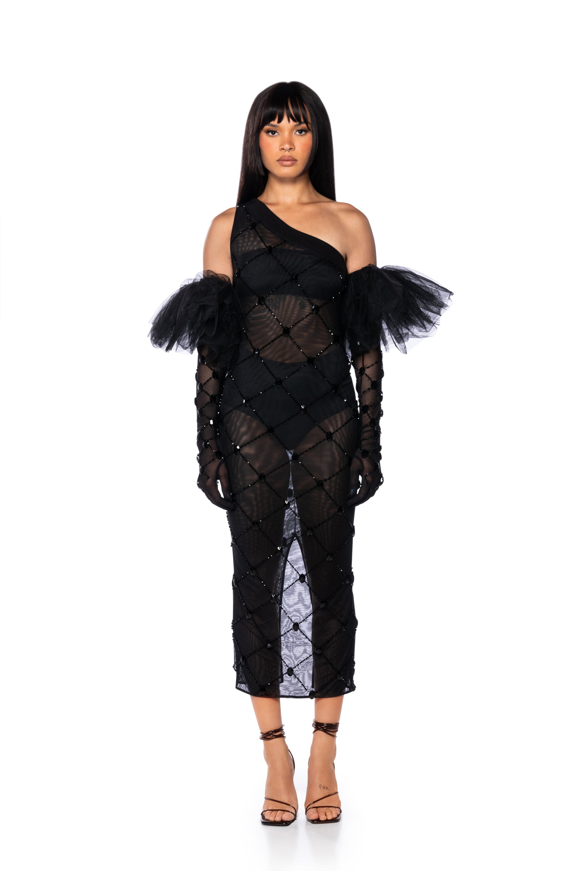 Extra View Cross Me Mesh Beaded Evening Gloves