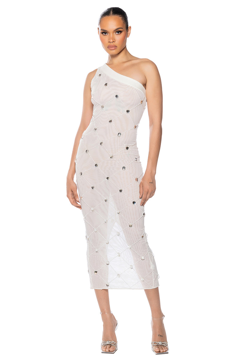 Front View Cross Me Mesh Rhinestone Dress In White