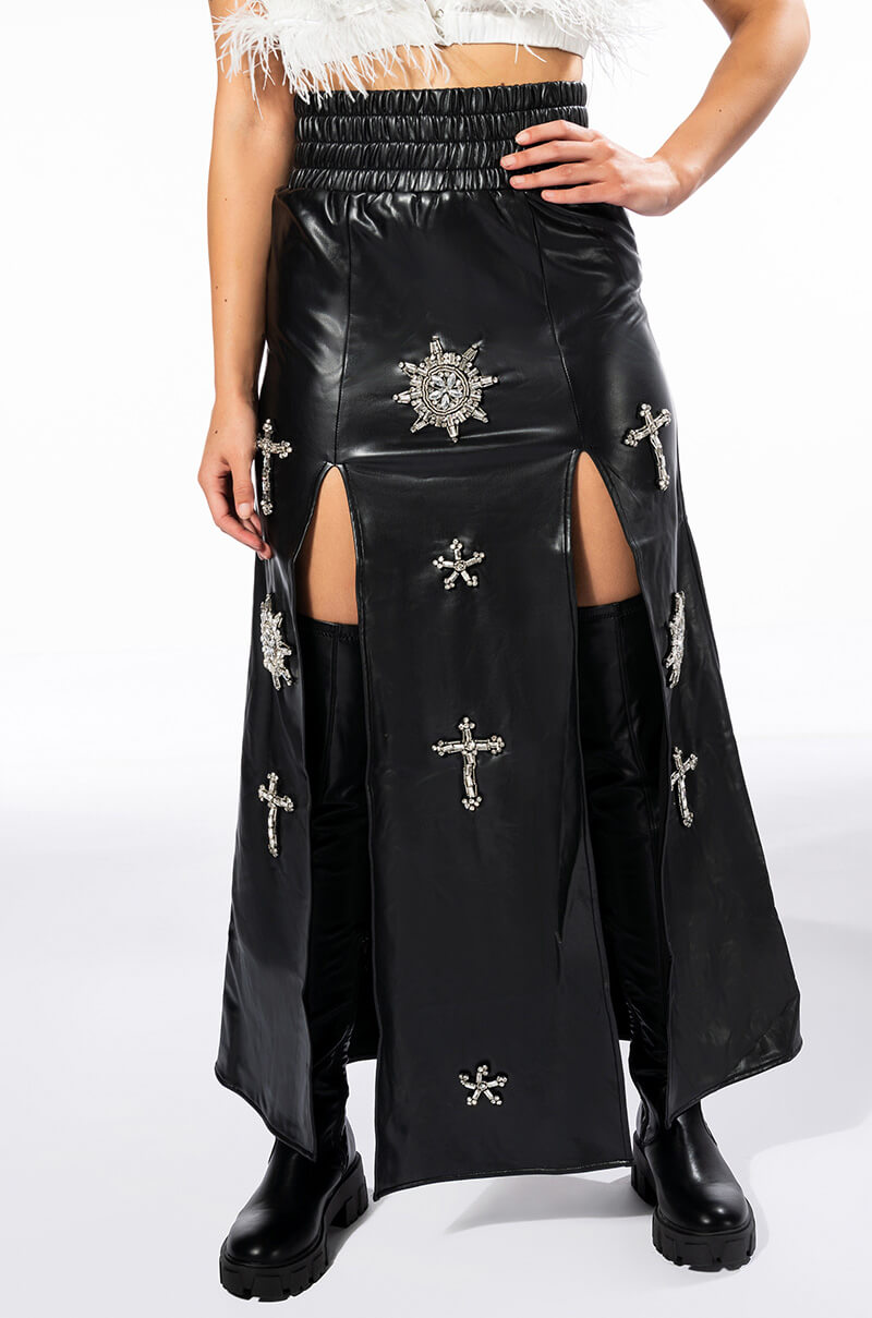Front View Crossing My Path Maxi Faux Leather Skirt 1