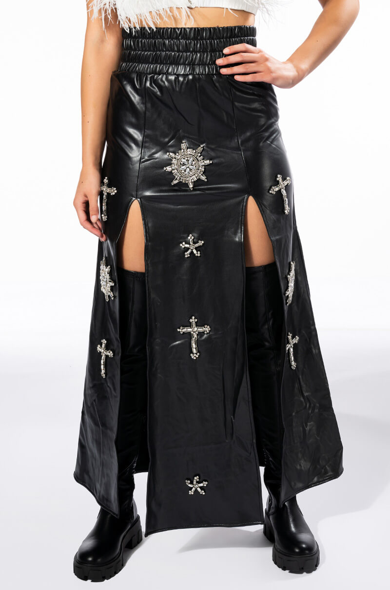 Front View Crossing My Path Maxi Faux Leather Skirt 0