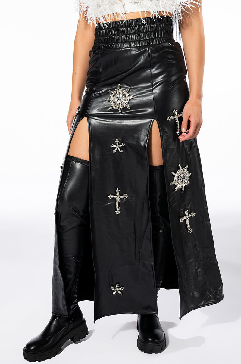 Side View Crossing My Path Maxi Faux Leather Skirt 3