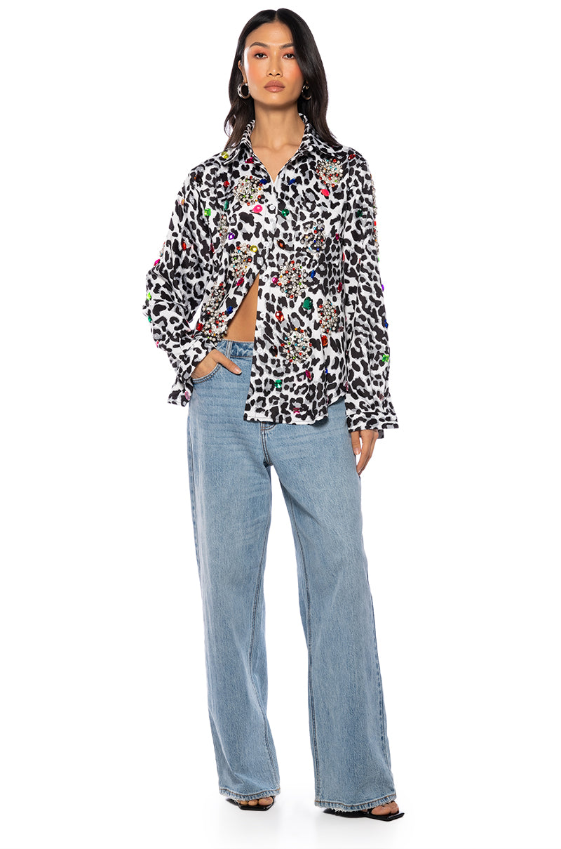 Back View Crown Jewel Embellished Button Down Top