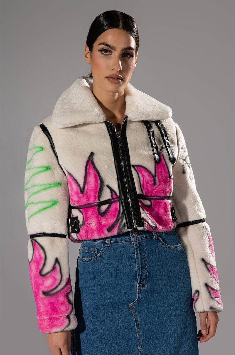 Front View Crushing It Grafiti Cropped Sherpa Jacket