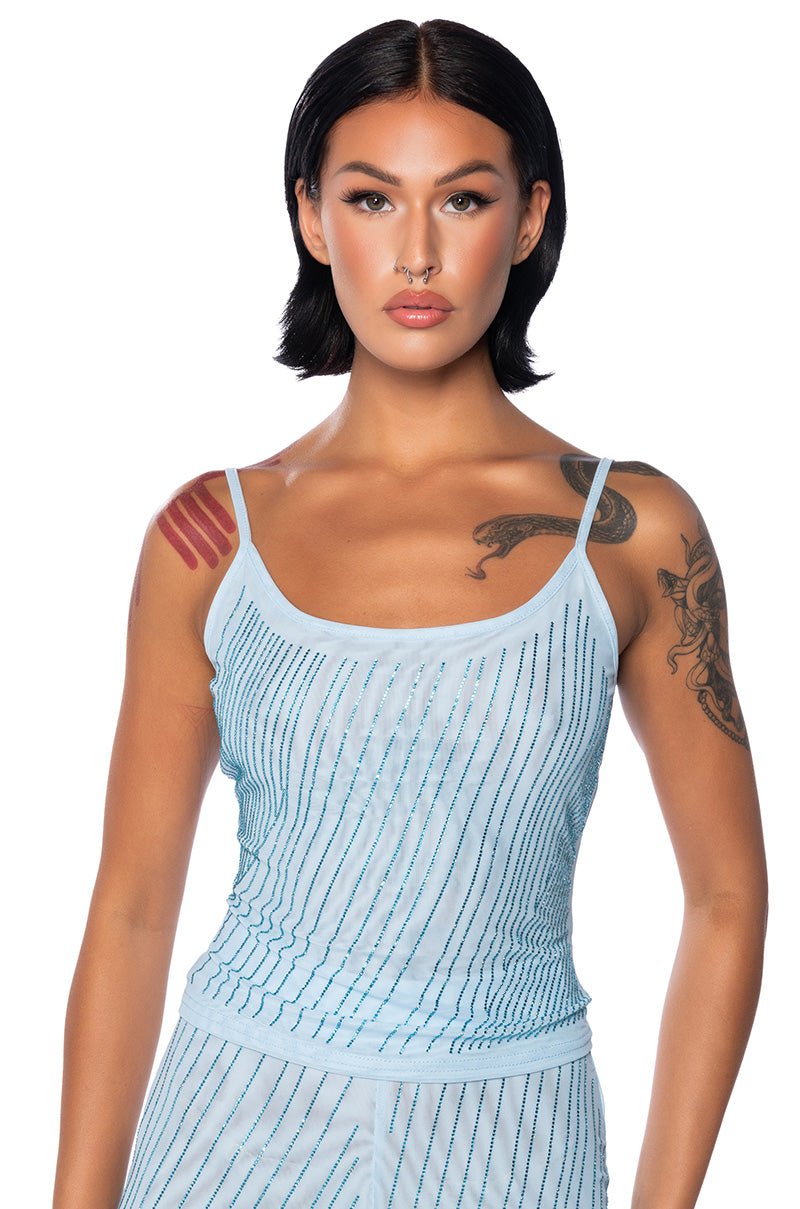 Front View Cuff It Sleeveless Embellished Mesh Tank