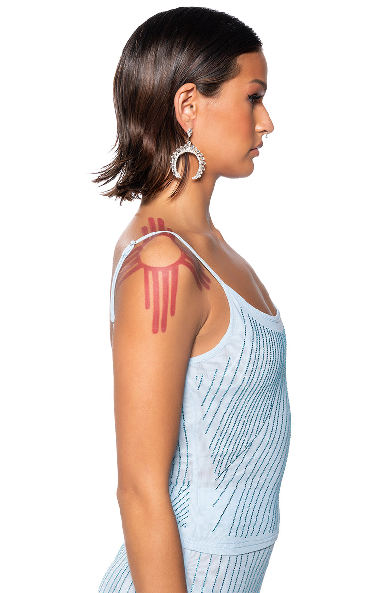 Back View Cuff It Sleeveless Embellished Mesh Tank