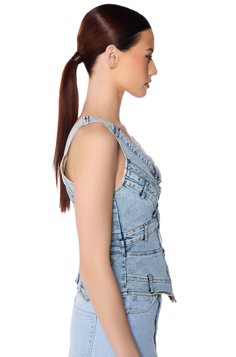 Back View Cuffin It Denim Sleeveless Top 7