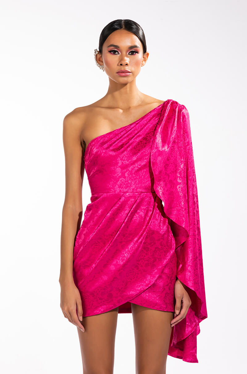 Detail View Curtain Call One Shoulder Cascading Sleeve Satin Mini Dress