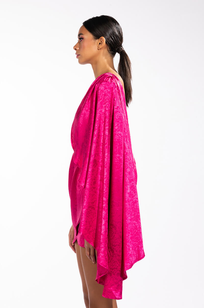 Full View Curtain Call One Shoulder Cascading Sleeve Satin Mini Dress