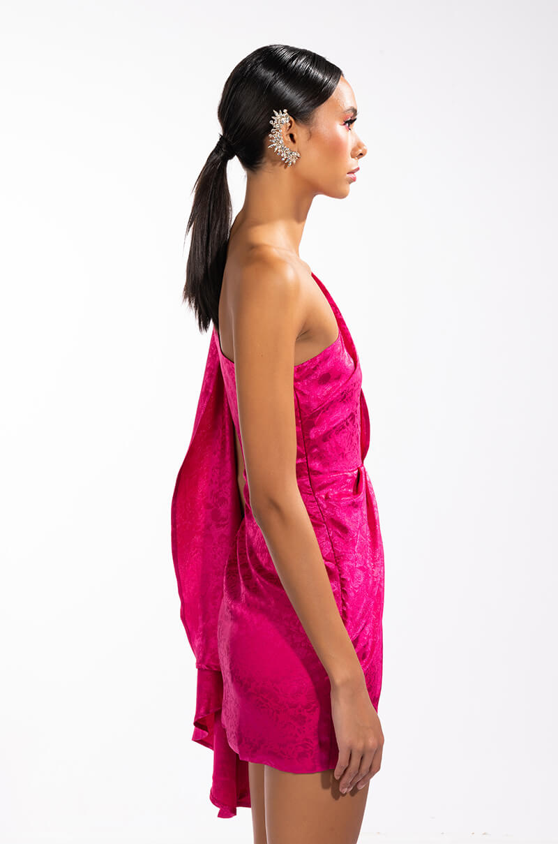 Extra View Curtain Call One Shoulder Cascading Sleeve Satin Mini Dress