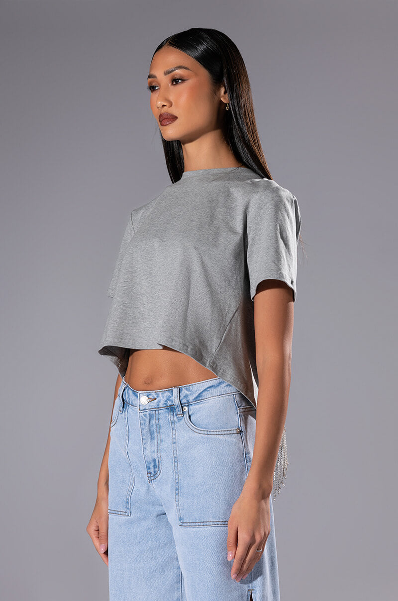 Side View Curtain Call Open Back Rhinestone Crew Neck Tshirt