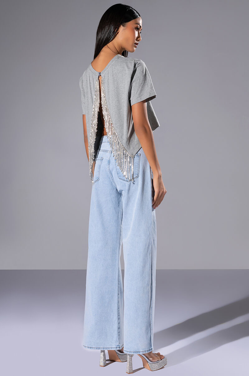 Detail View Curtain Call Open Back Rhinestone Crew Neck Tshirt