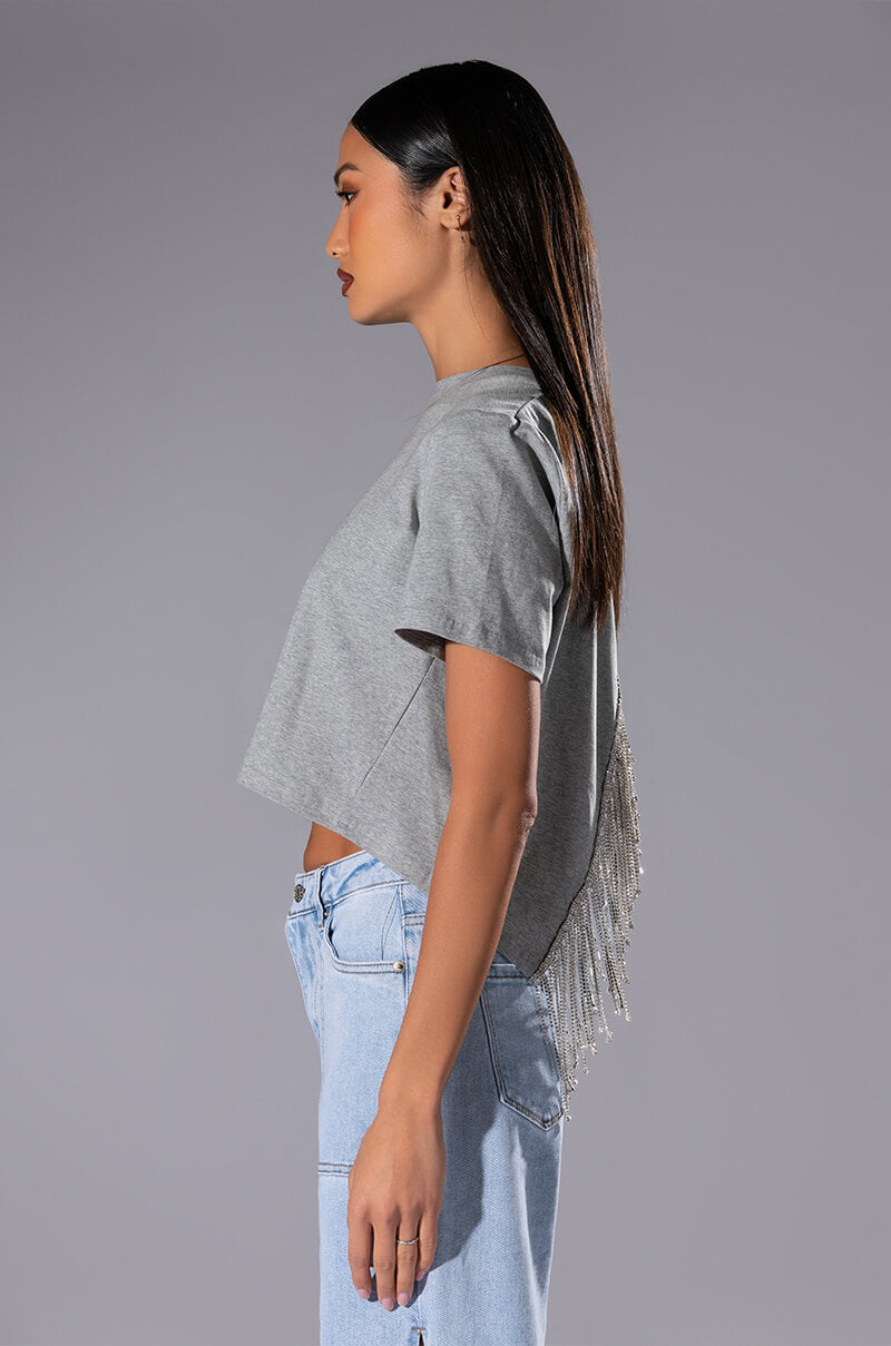 Full View Curtain Call Open Back Rhinestone Crew Neck Tshirt
