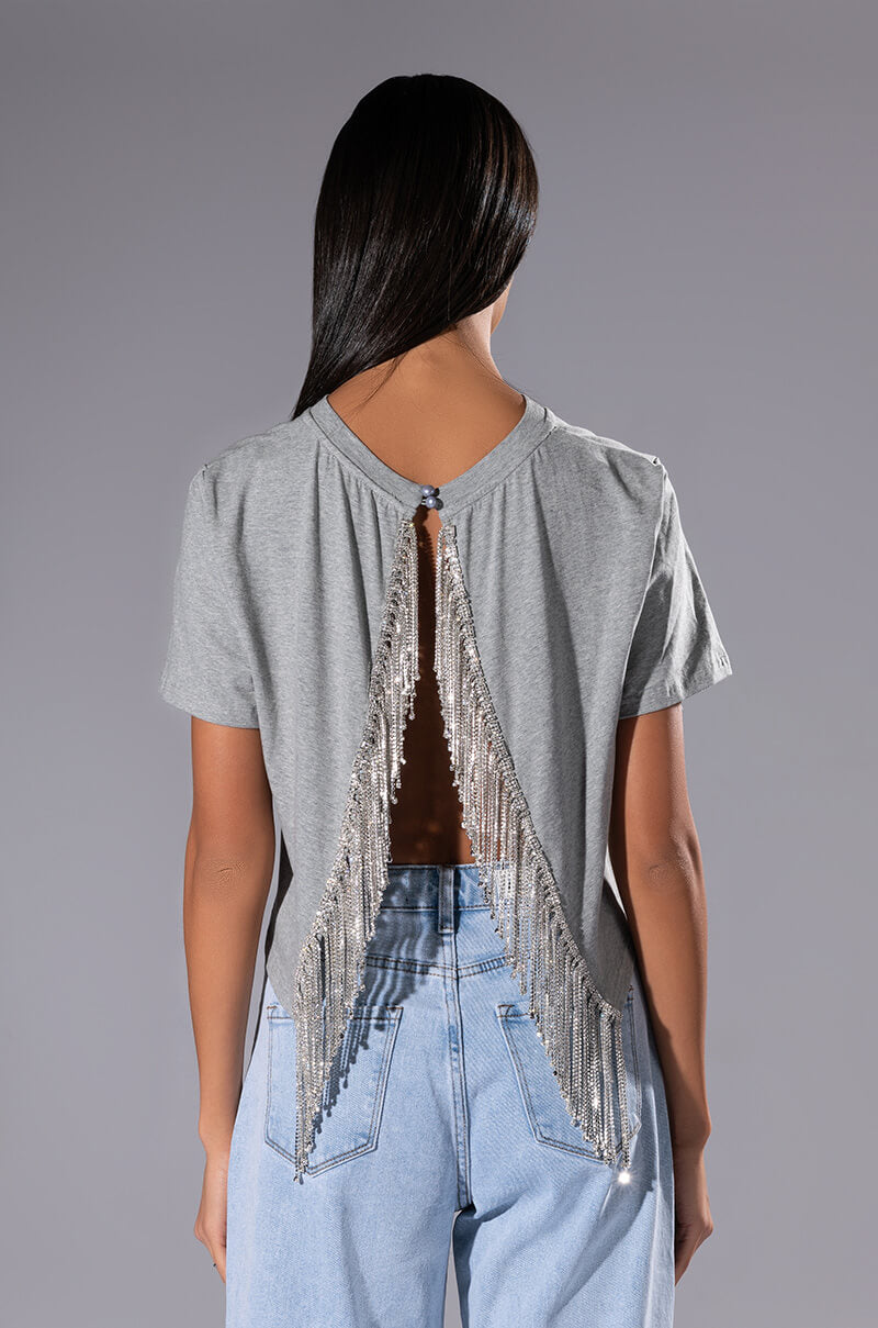 Extra View Curtain Call Open Back Rhinestone Crew Neck Tshirt