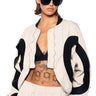 Front View Curve Effect Ribbed Trim Beige Bomber