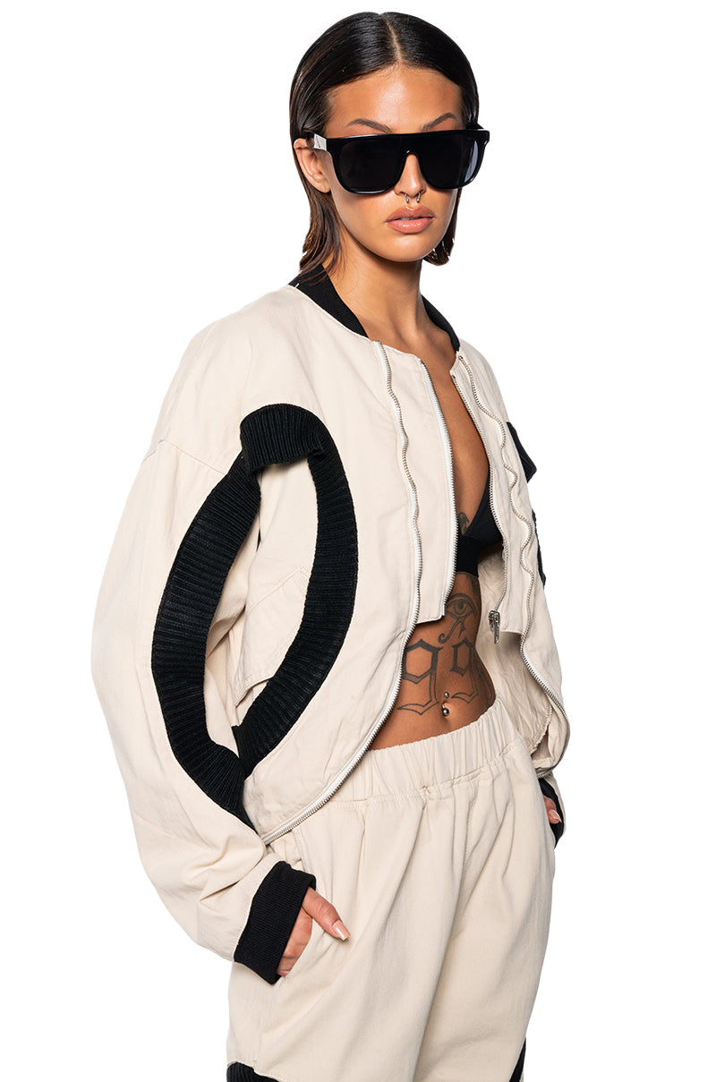 Back View Curve Effect Ribbed Trim Beige Bomber