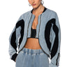 Front View Curve Effect Ribbed Trim Denim Bomber