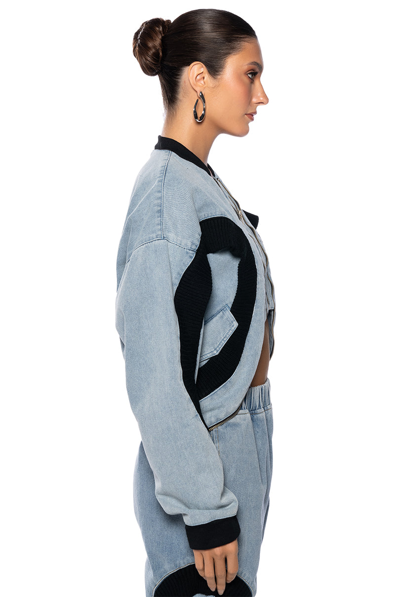 Detail View Curve Effect Ribbed Trim Denim Bomber 3