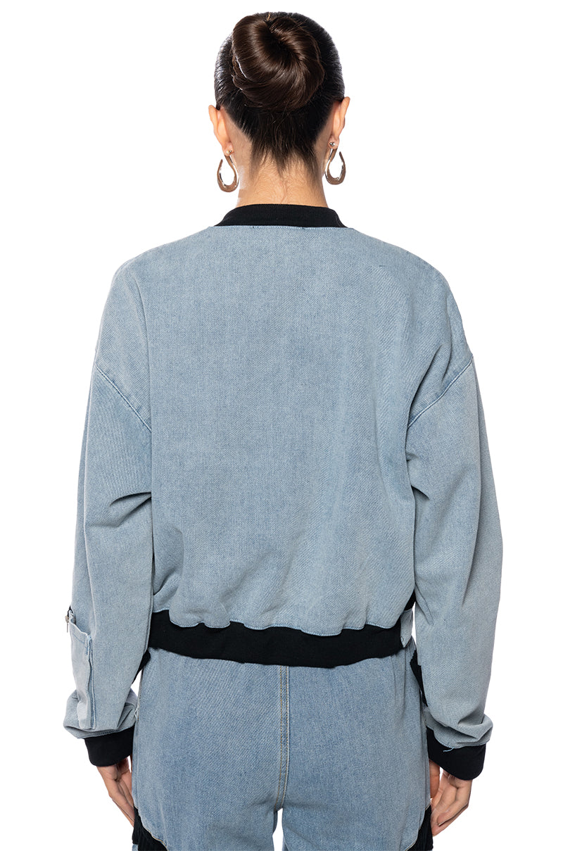 Full View Curve Effect Ribbed Trim Denim Bomber 4