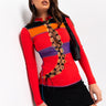 Front View Cut- It- Out Safety Pin Detail Long Sleeve Mini Dress in Black Multi