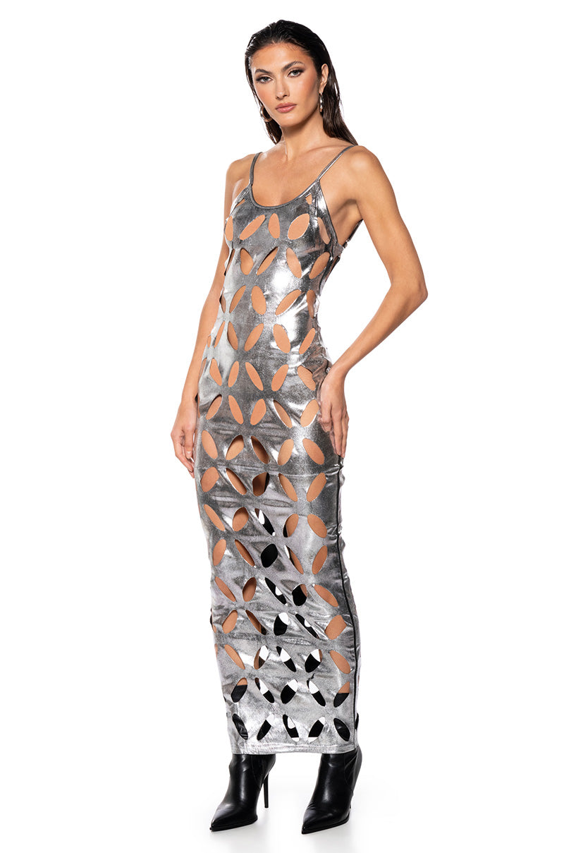 Front View Cut It Out Metallic Maxi Dress