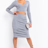 Front View Cut Out For It Long Sleeve Side Cut Out Bodycon Midi Dress in Heather Grey